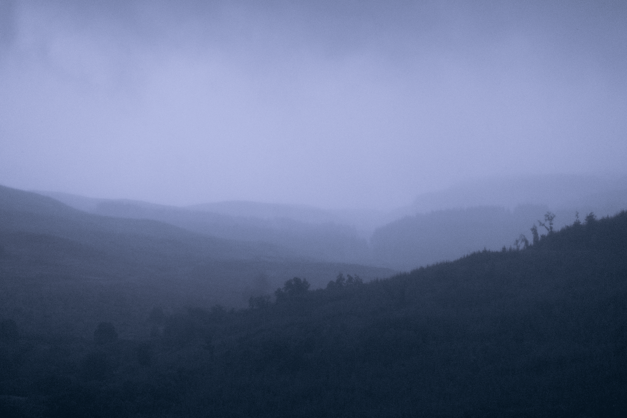 Misty hills shrouded in a soft blue-gray fog, with silhouettes of trees on the horizon.