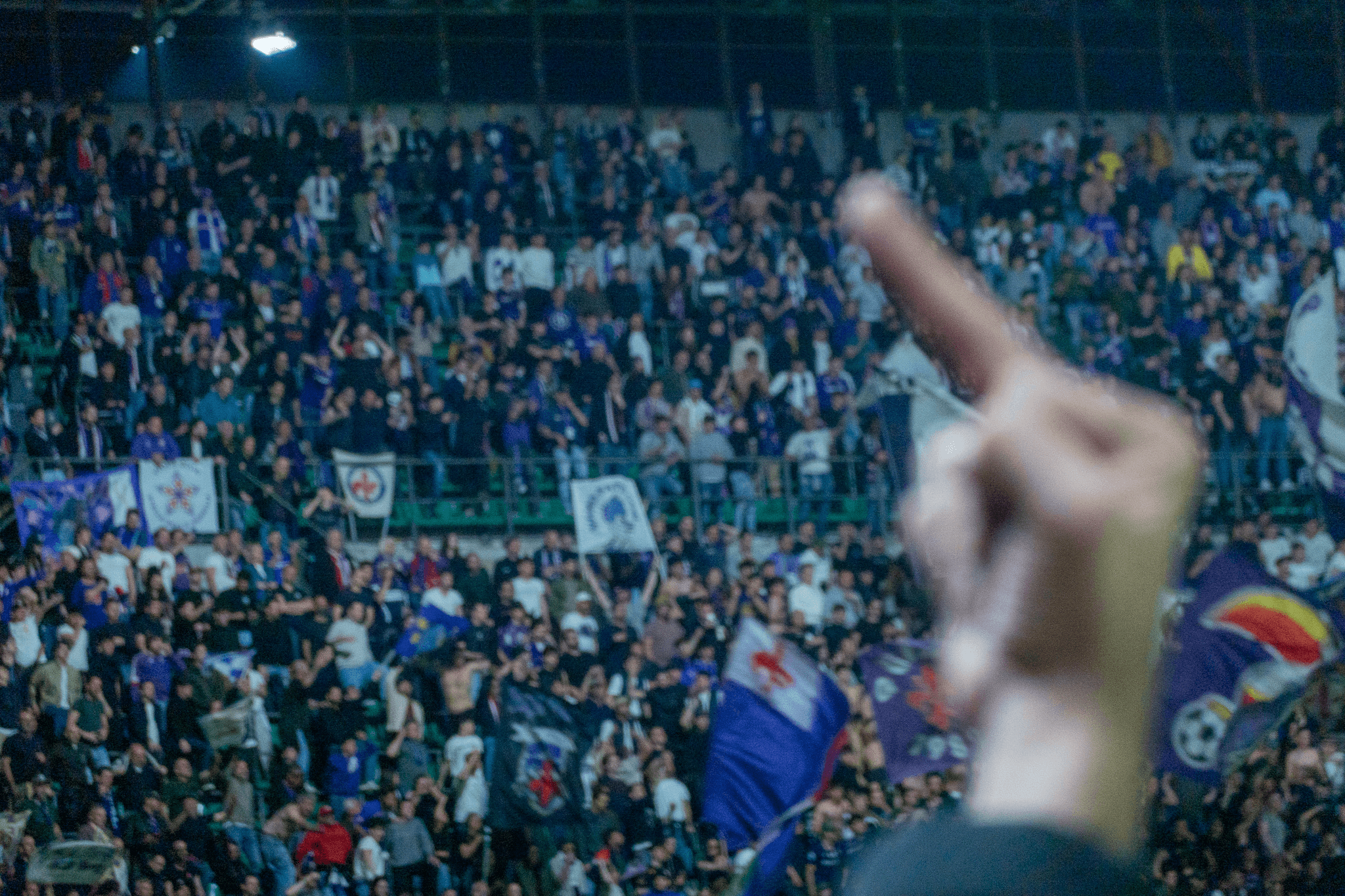 A crowd of passionate fans waving flags, with a hand raised in a gesture of defiance.
