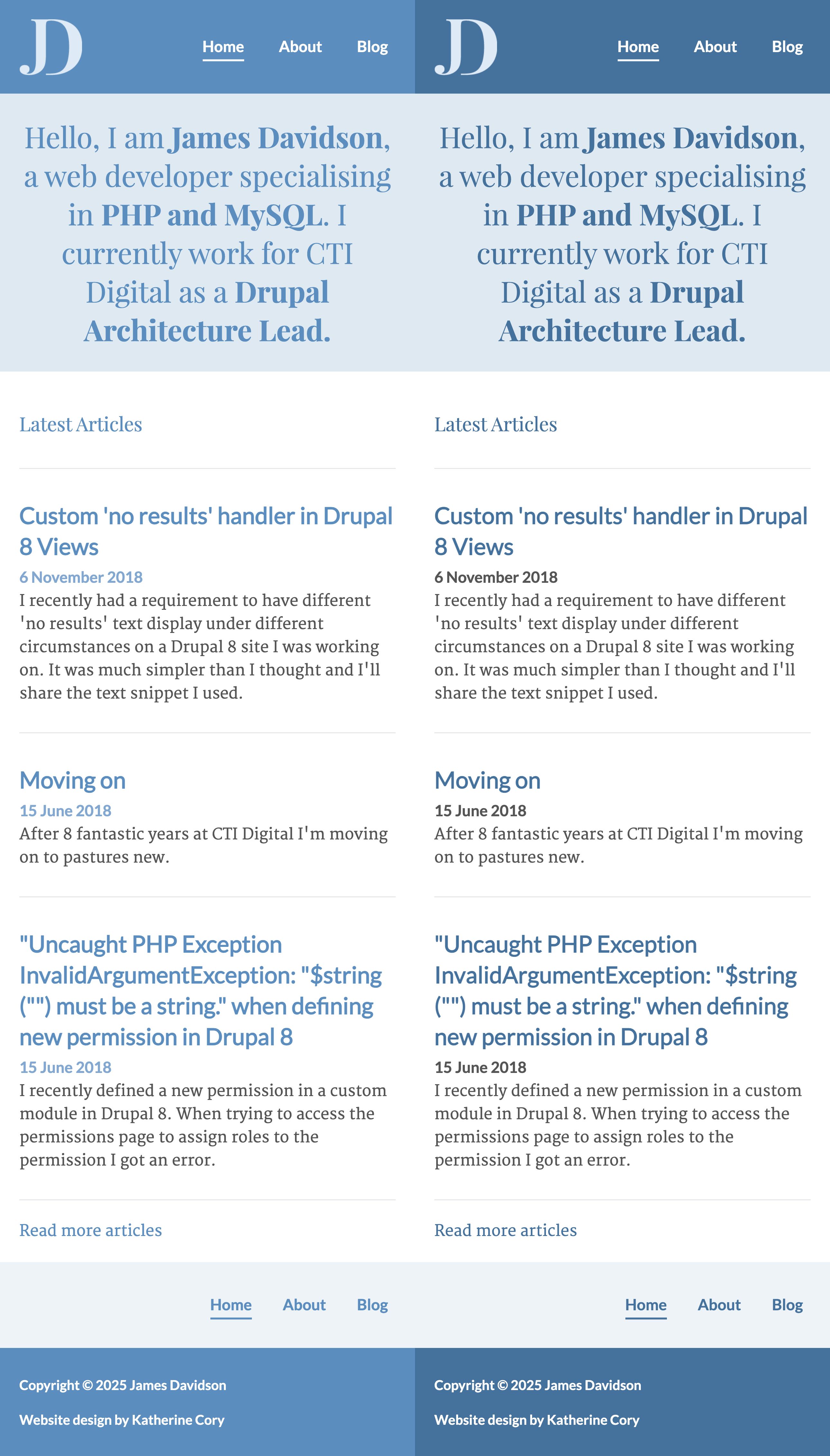 Screenshots of this website, first with the old theme, secondly with a new accessible theme.