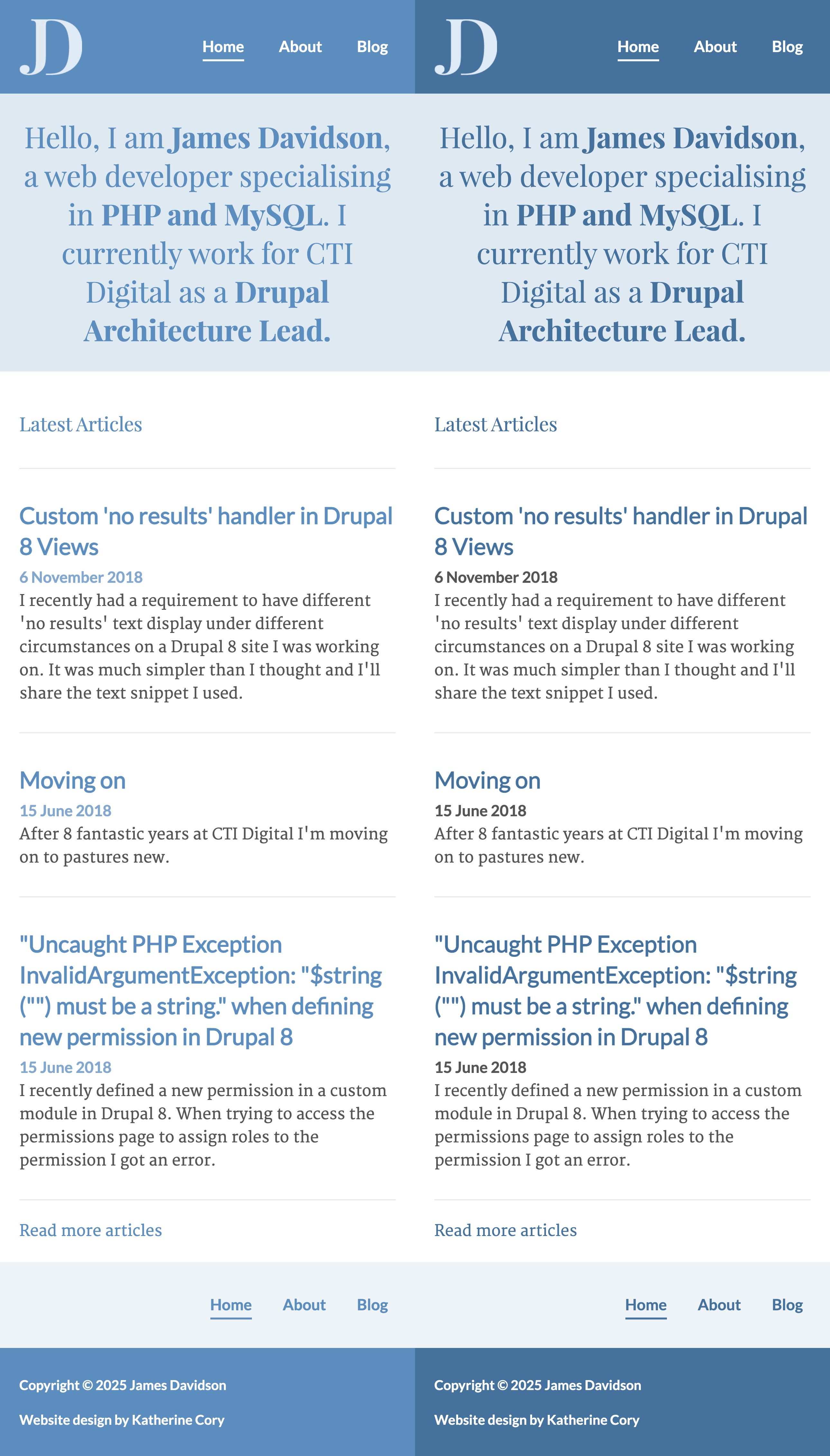 Screenshots of this website, first with the old theme, secondly with a new accessible theme.