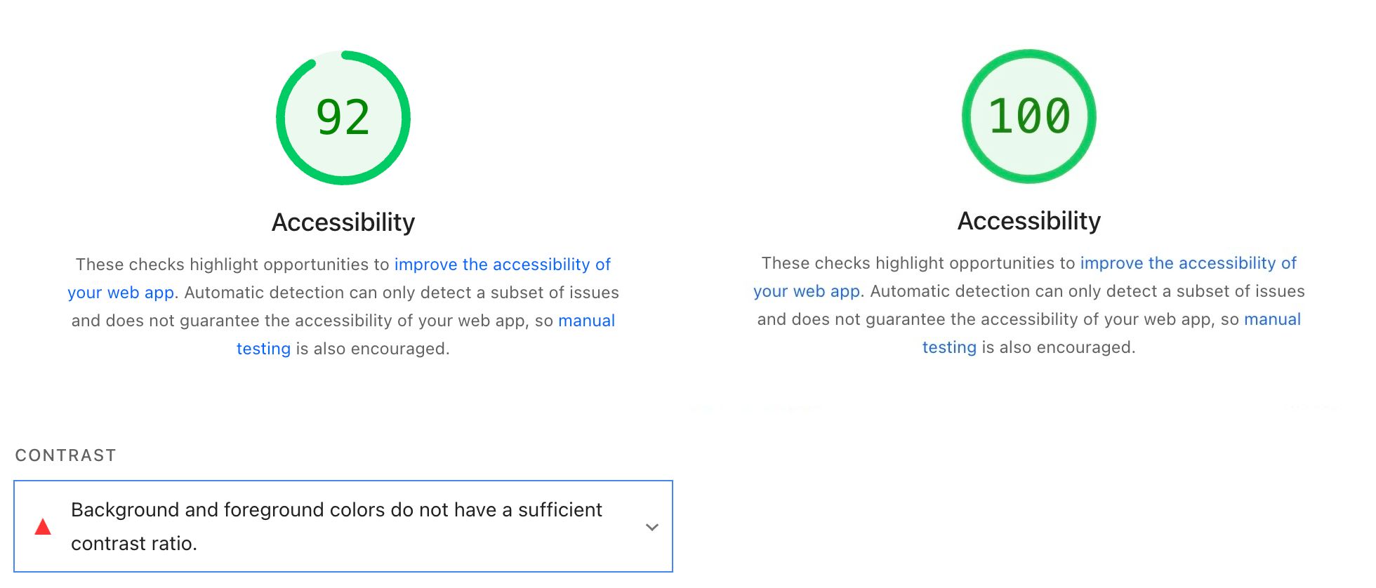 Two circular progress indicators showing accessibility scores of 92 and 100, with accompanying text.