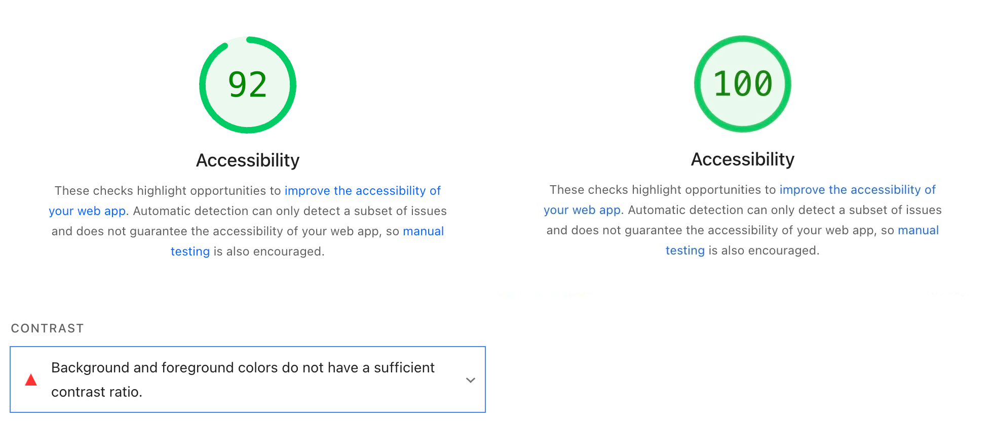 Two circular progress indicators showing accessibility scores of 92 and 100, with accompanying text.