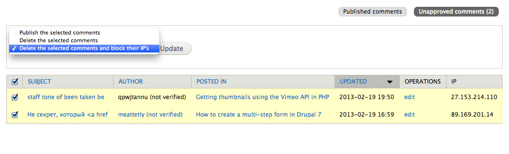 Screenshot of comment IP overview page