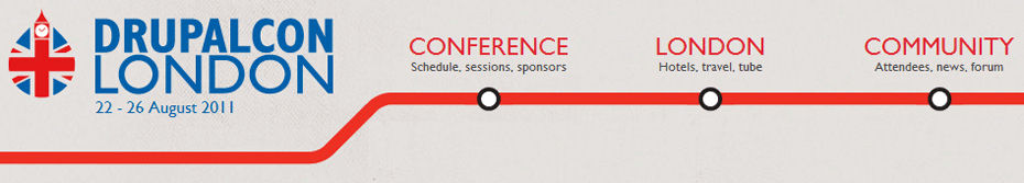 DrupalCon London logo featuring British flag elements and event details in blue and red.