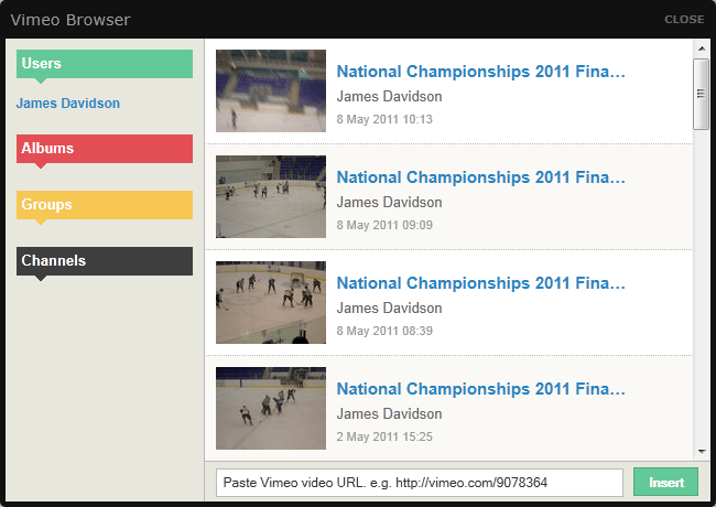Vimeo video picker screen